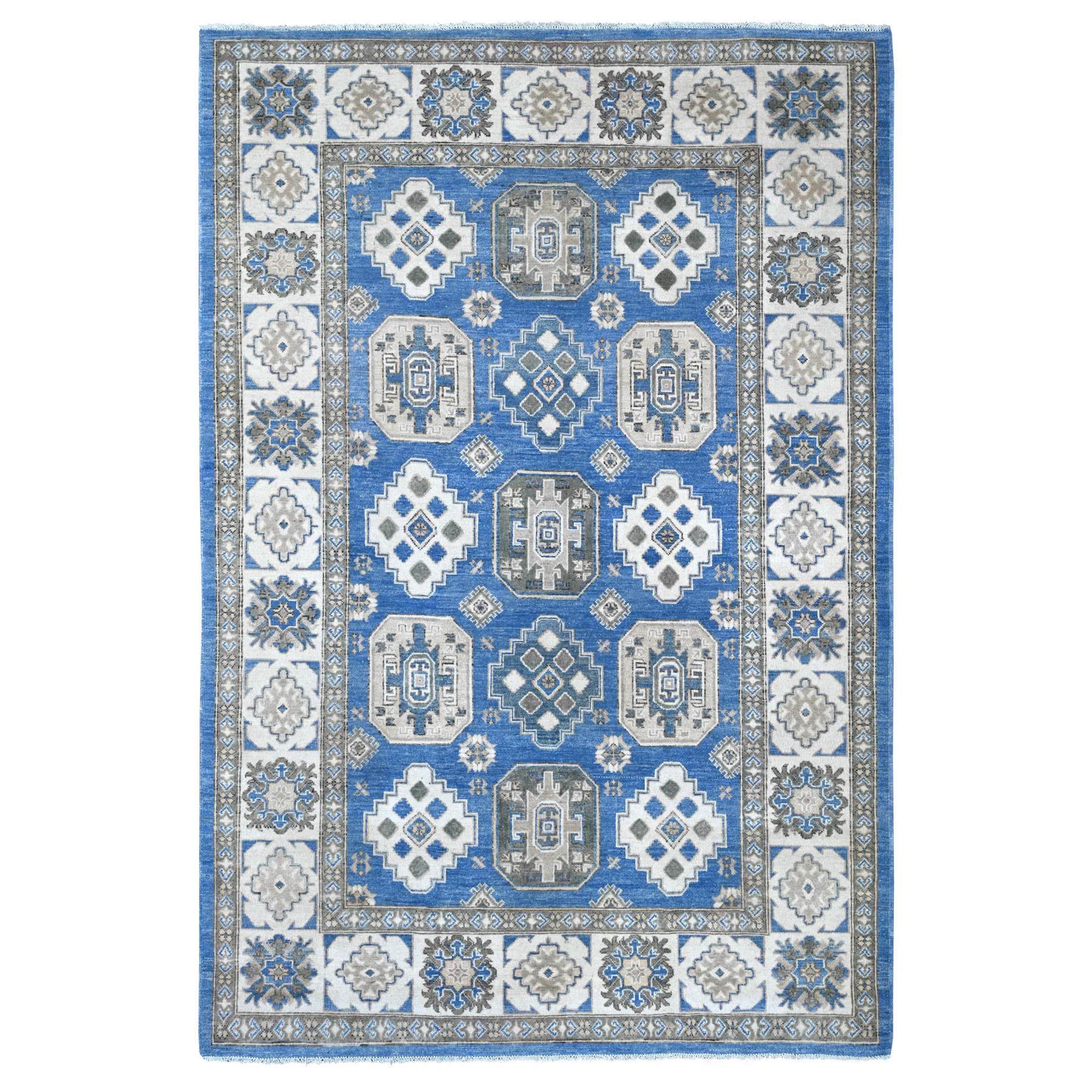 5'10"x8'9" Bayern Blue, Vintage Look Kazak with All Over Geometric Motifs, Hand Knotted, 100% Wool, Natural Dyes, Oriental Rug 